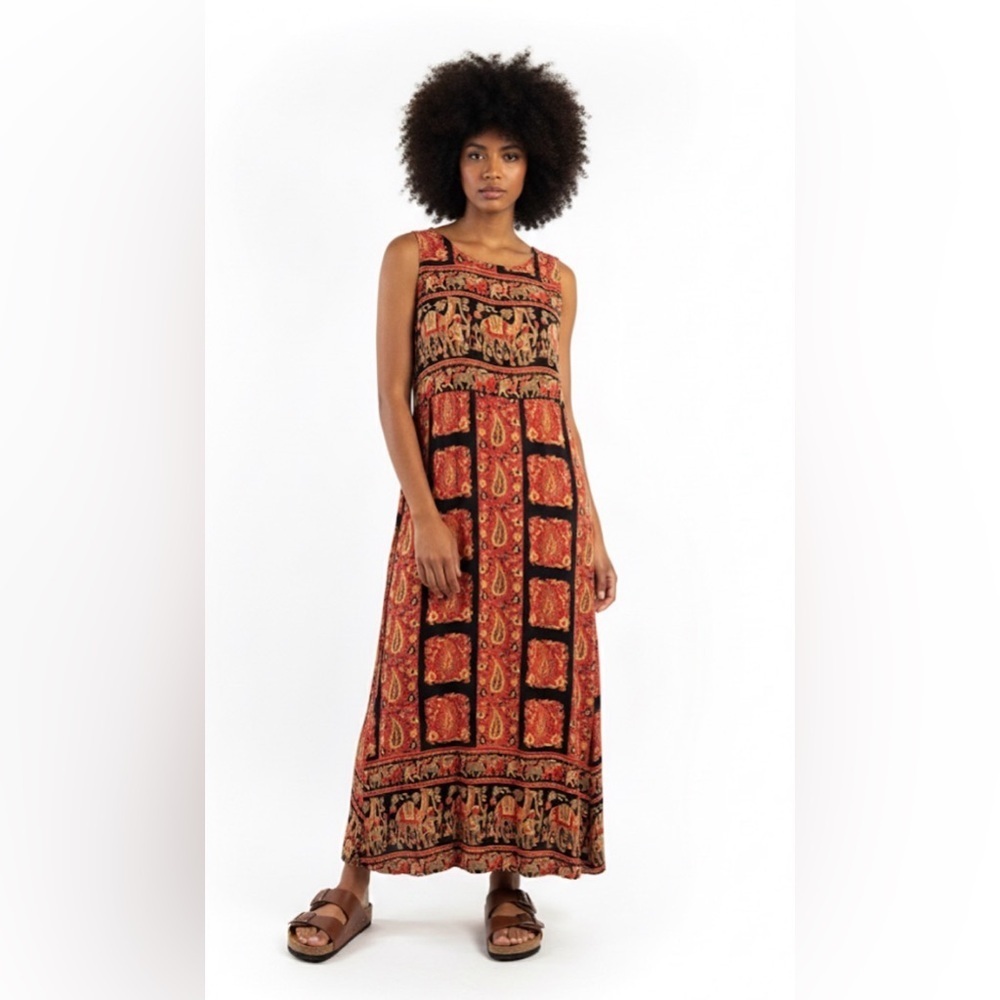 VINTAGE BOHO GYPSY ELEPHANTS CAMELS MAXI DRESS PAISLEY LARGE